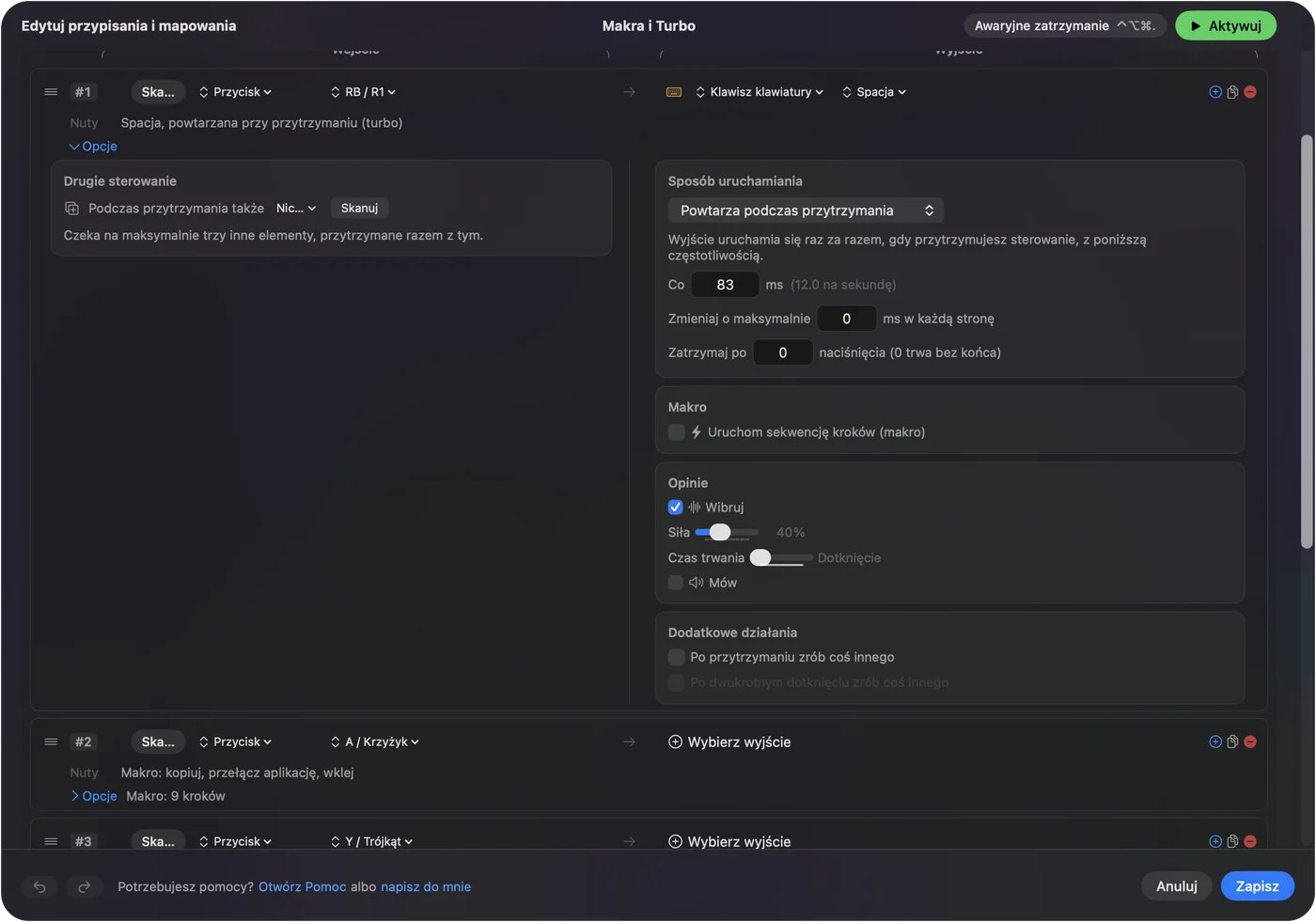 Wiersz R1 presetu Macros and Turbo w InputConfig, wysyłający Space z How it fires ustawionym na Repeats while held, Every 83 ms pokazane jako 12,0 na sekundę, Vary by up to 0 i Stop after 0, z zaznaczonym Vibrate.