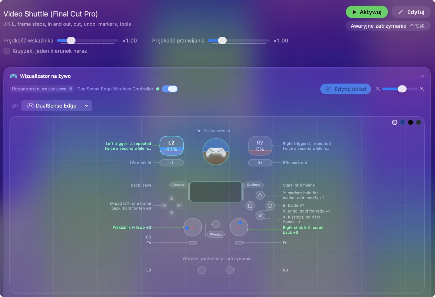 Preset Video Shuttle dla Final Cut Pro w Live Visualizer, z J i L na wyzwalaczach, znacznikami początku i końca na zderzakach, cięciem, cofnięciem i znacznikiem na przyciskach z symbolami.