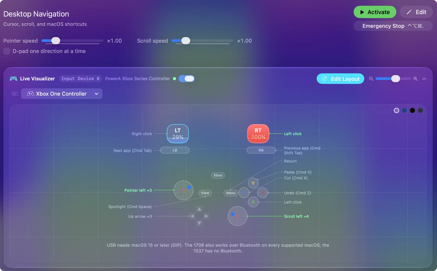 Live Visualizer v InputConfig s předvolbou Desktop Navigation a připojeným PowerA Xbox Series Controller, jehož stisknutá tlačítka svítí.