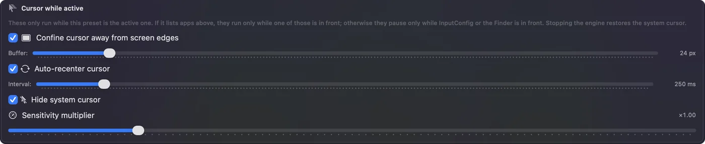 Preset automation section with Confine cursor away from screen edges, Auto-recenter cursor with its interval, and Hide system cursor.