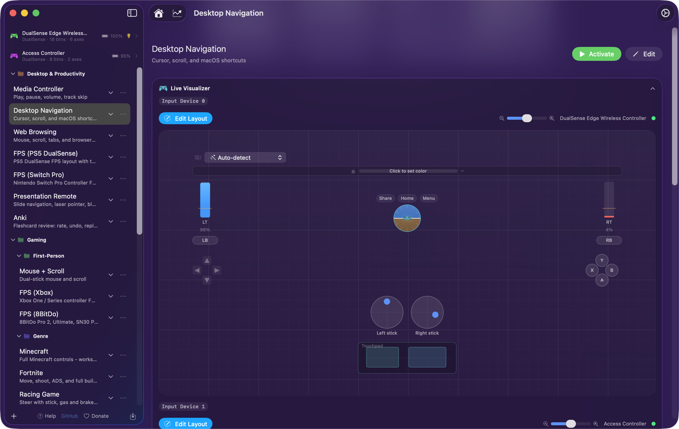 InputConfig's preset page for Desktop Navigation, with the Live Visualizer showing a DualSense Edge controller layout, both sticks, the triggers at 96 and 4 percent, the face buttons, the D-pad, and the touchpad, with a second panel for a connected Access Controller below