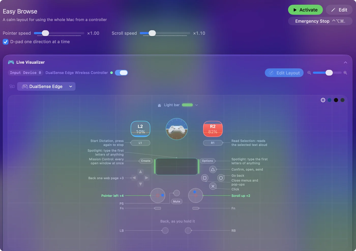 InputConfig's preset page for Mouse + Scroll, with the Pointer speed and Scroll speed sliders at times 1.00 above the Live Visualizer.