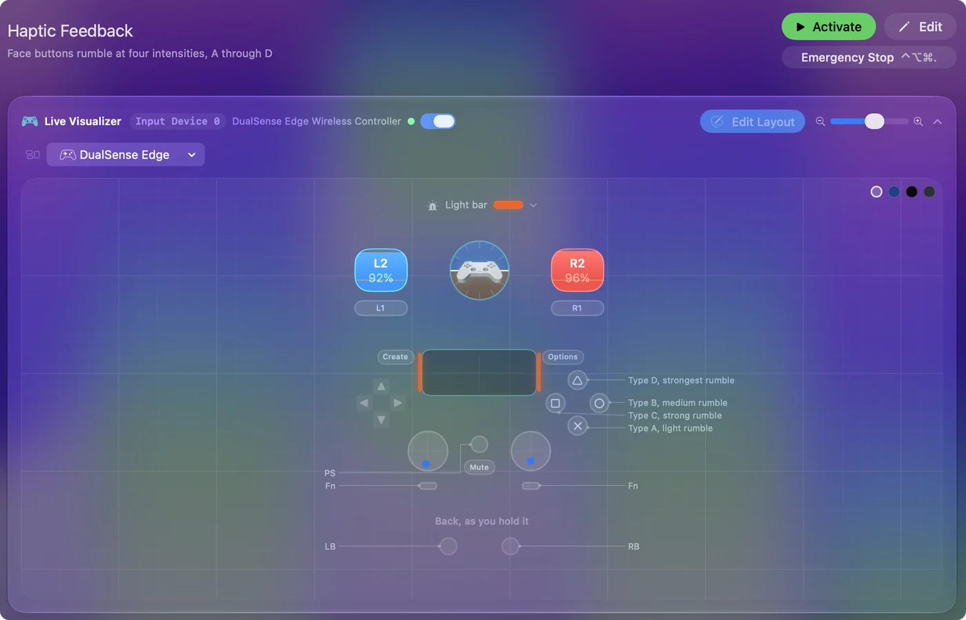 Předvolba Haptic Feedback nakreslená na DualSense Edge v Live Visualizer v InputConfig, se čtyřmi druhy vibrací na přední tlačítka a oranžovým světelným pruhem.