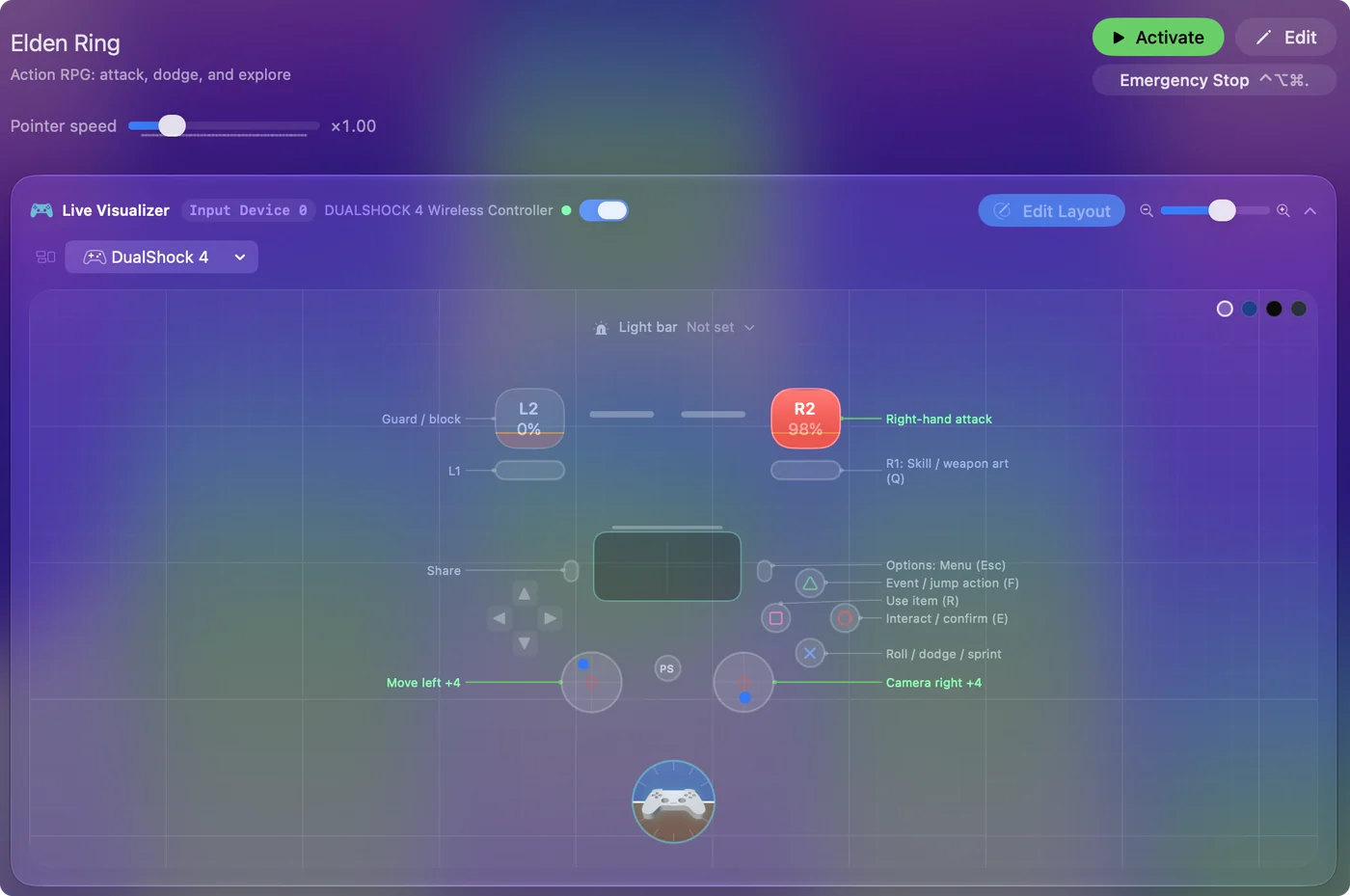 Rozložení klávesnice Elden Ring nakreslené na DualShock 4 v Live Visualizeru InputConfig.