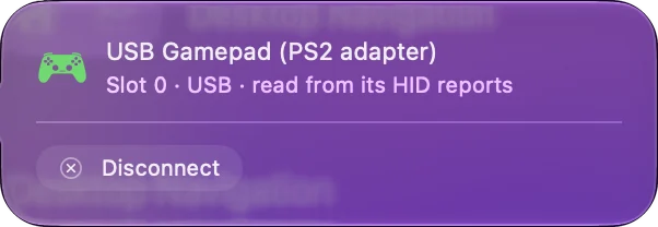 النافذة المنبثقة لمحول PS2 في أعلى الشريط الجانبي في InputConfig، وفيها Slot 0 وUSB وأنه قُرئ من تقارير HID، مع زر فصل الاتصال.