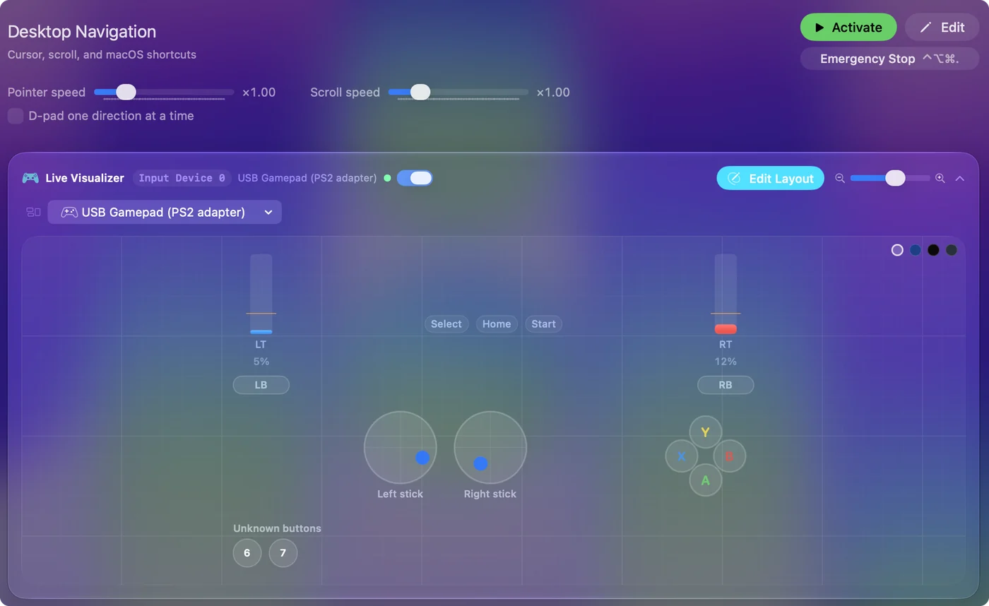 Live Visualizer في InputConfig مع الإعداد المسبق Desktop Navigation ومحول PS2 متصل، وعناصر التحكم المضغوطة مضاءة.