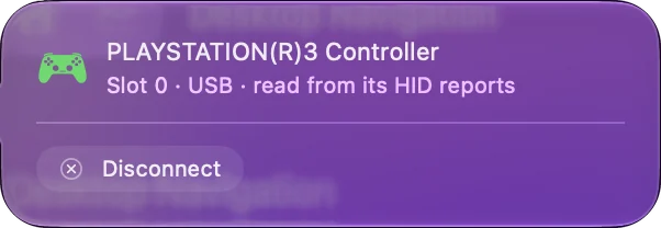 النافذة المنبثقة لـ DualShock 3 في أعلى الشريط الجانبي في InputConfig، تقول المنفذ 0 وUSB ومقروء من تقارير HID، مع زر فصل الاتصال.