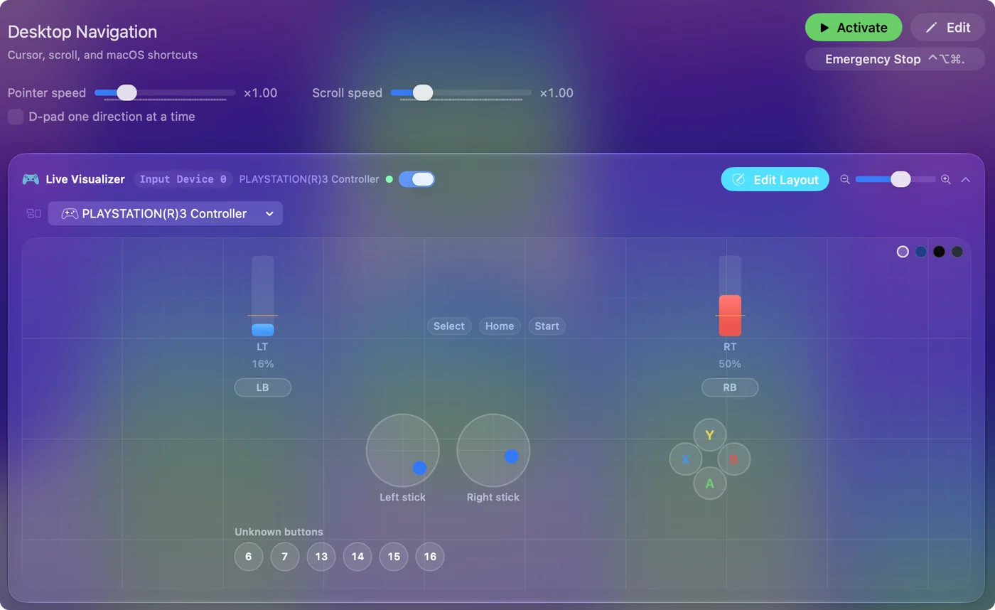 Live Visualizer في InputConfig مع الإعداد المسبق للتنقل في سطح المكتب وذراع DualShock 3 متصل، وعناصر التحكم المضغوطة مضاءة.
