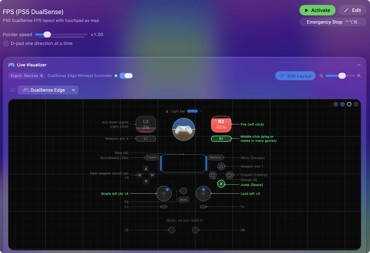 Live Visualizer في InputConfig يرسم ذراعًا موصولًا، مع إضاءة الزر المضغوط والعصا المحركة.