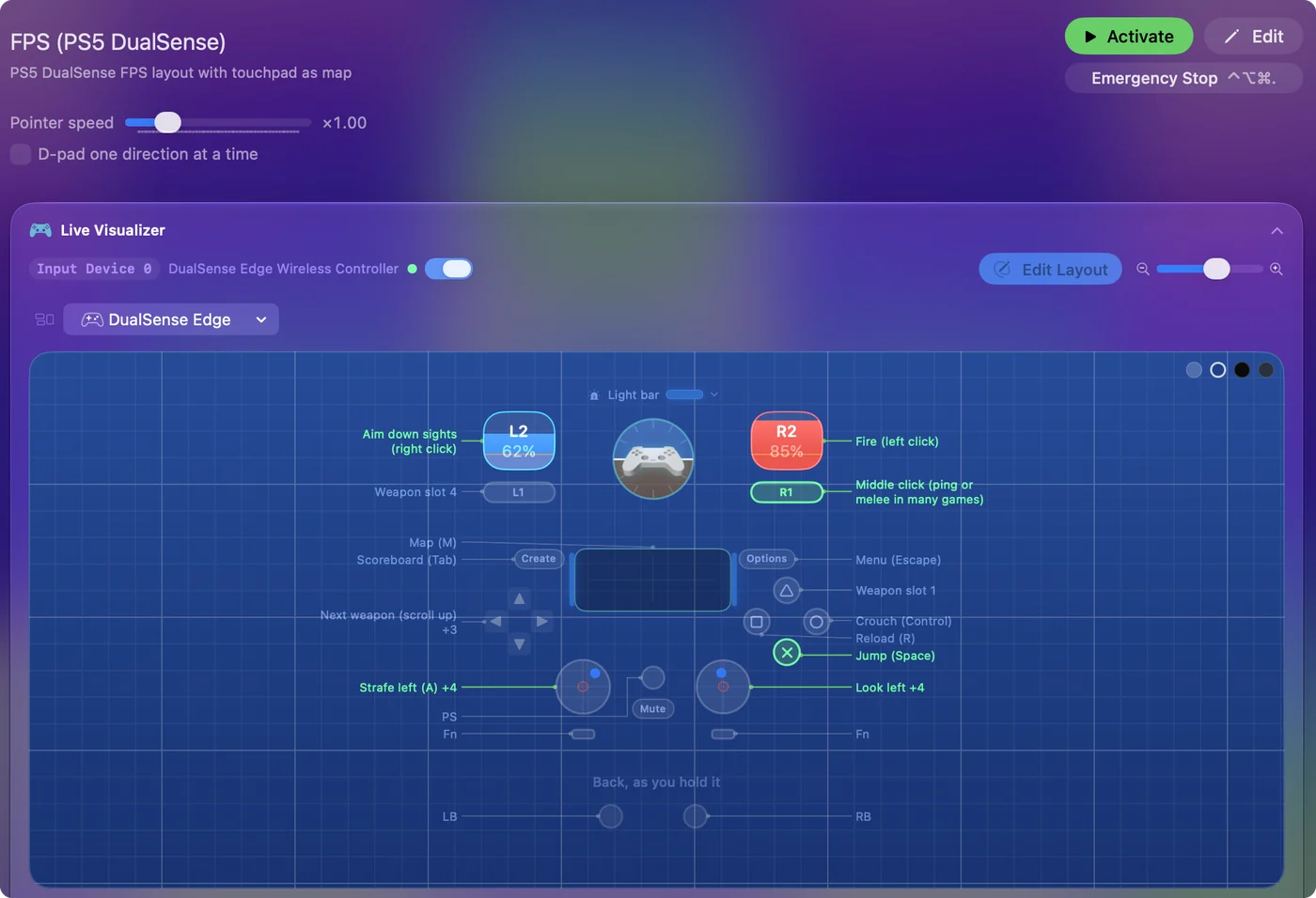 DualSense Edge를 시험하는 InputConfig의 Live Visualizer. 라이트 바 띠, 영역이 있는 터치패드의 손가락 점 둘, 일부 당긴 트리거, 아래의 모션 위젯.