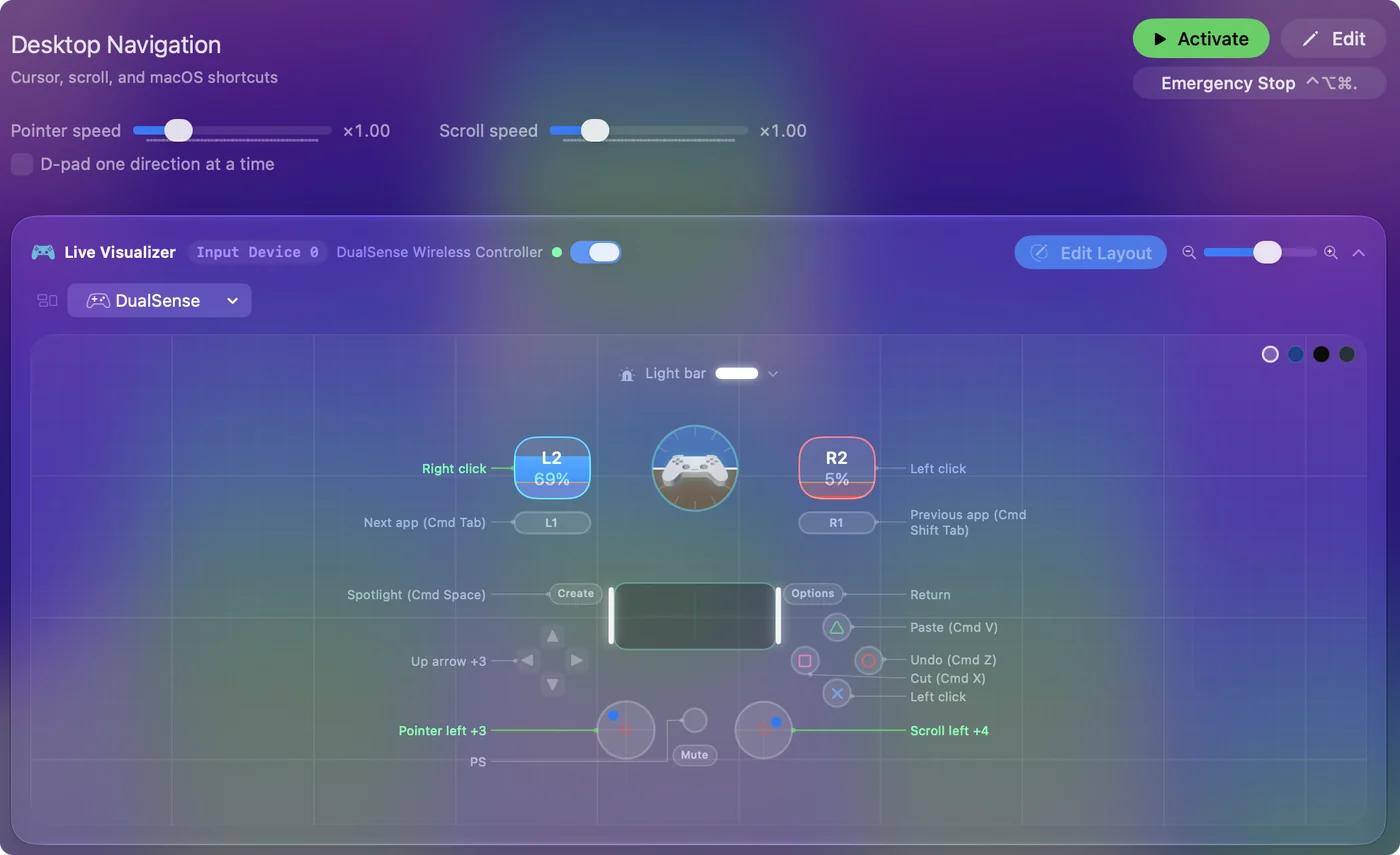 Live Visualizer v InputConfig s předvolbou Desktop Navigation a připojeným DualSense, jeho stisknutá tlačítka jsou rozsvícená.