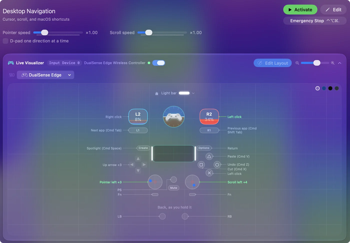 Live Visualizer v InputConfig s předvolbou Desktop Navigation a připojeným DualSense Edge, jeho stisknutá tlačítka jsou rozsvícená.