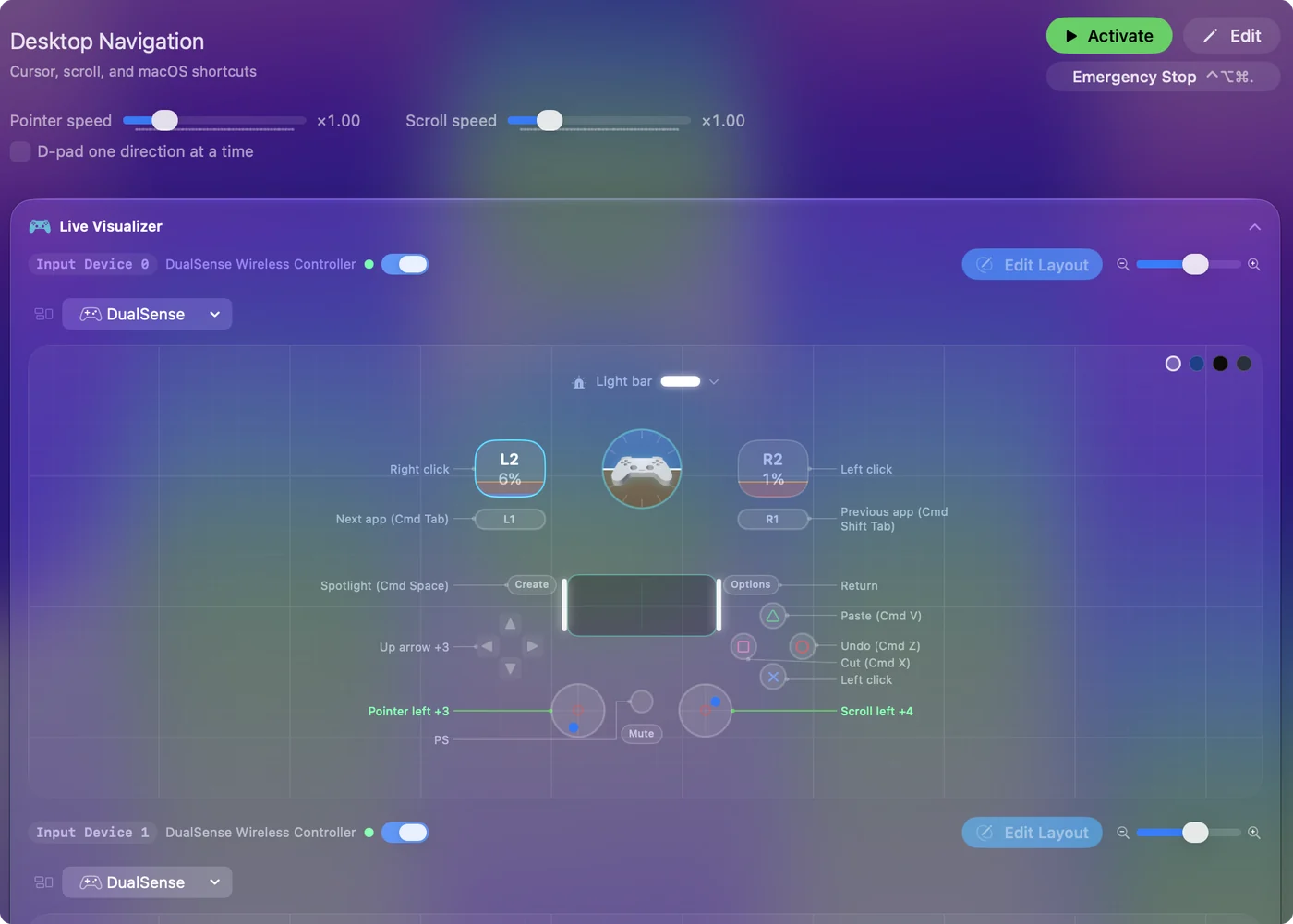 Live Visualizer في InputConfig مع الإعداد المسبق Desktop Navigation وذراع DualSense متصل، وعناصر التحكم المضغوطة مضاءة.