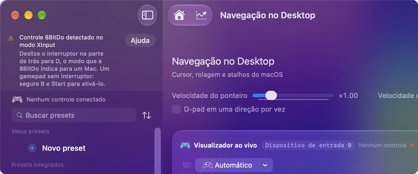 A janela principal do InputConfig com um aviso dizendo que um controle 8BitDo foi detectado no modo X, e o modo a usar para esse modelo.