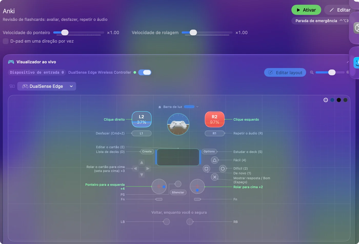 O preset do Anki que já vem no InputConfig, com a legenda do Live Visualizer nomeando Again, Hard, Good e Easy nos quatro botões de ação.