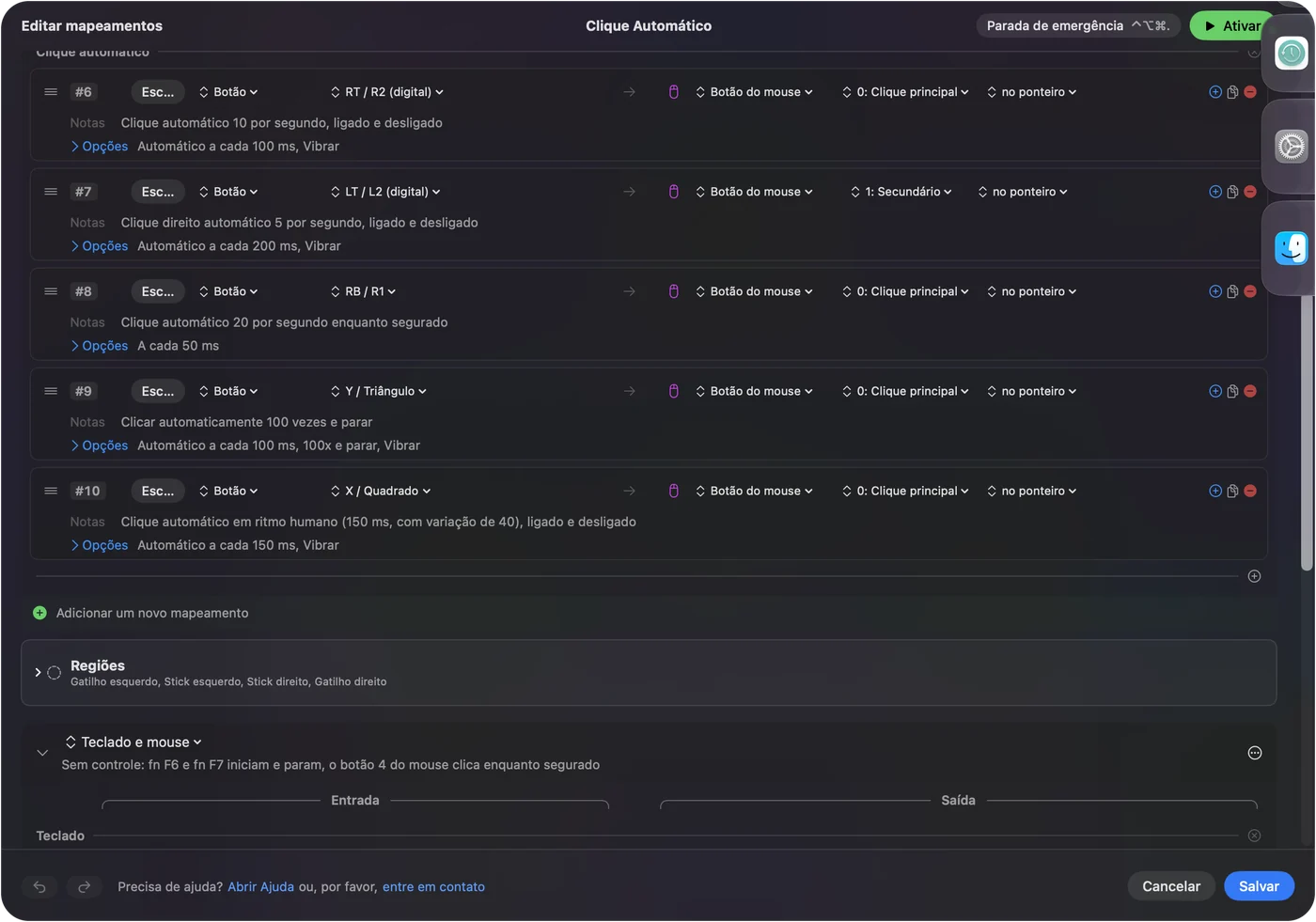 Linhas do preset Auto Clicker do InputConfig: botões de controle enviando Main Click ou Secondary no ponteiro, com notas como Auto click 10 a second, Auto click 100 times then stop e um ritmo humano de 150 ms mais ou menos 40.