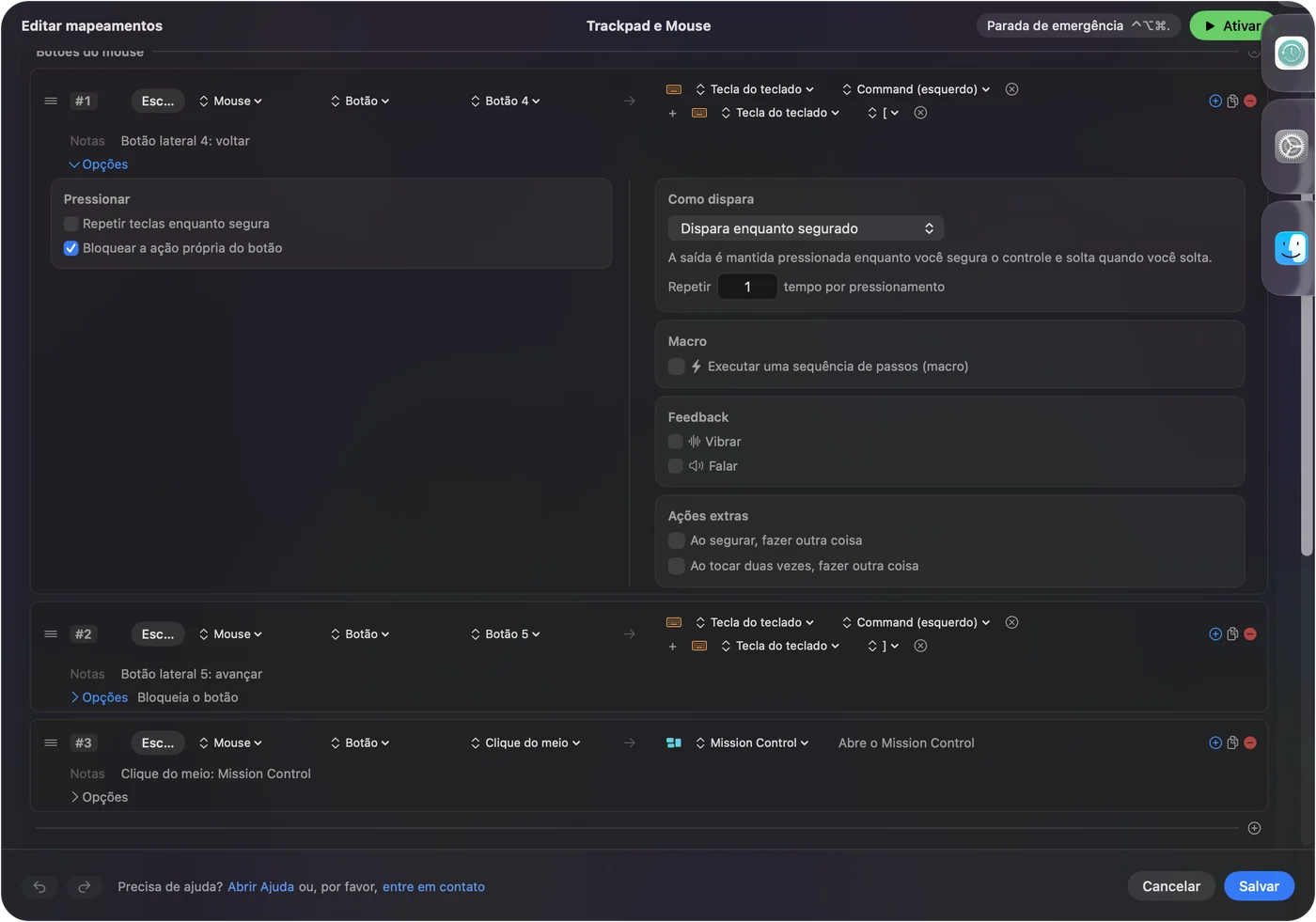 Editor de atribuições do InputConfig com duas linhas de botão de mouse que enviam Command colchete esquerdo e Command colchete direito, com Bloquear a ação própria do botão marcado na primeira.
