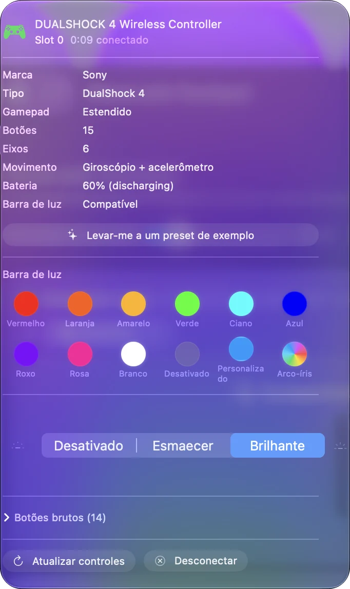 O popover de controle do InputConfig para um DualShock 4 com o nível de bateria e a cor da barra de luz.