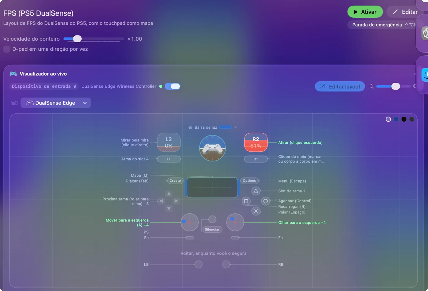 O Live Visualizer do InputConfig mostrando um DualSense Edge com um layout de FPS: gatilhos, botões frontais, touchpad e analógicos identificados com suas teclas