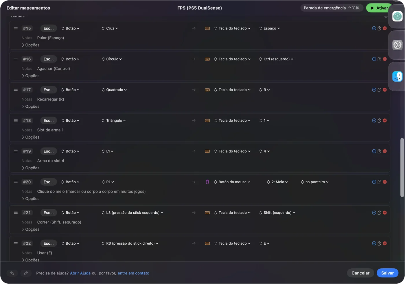 Uma linha no editor do InputConfig ligada ao botão Cross, com a saída Keyboard Key escolhida e a tecla Espaço selecionada.