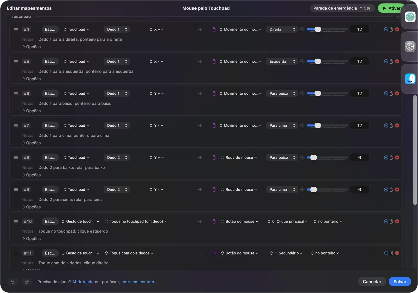 O editor do InputConfig com uma linha de touchpad que move o ponteiro, com linhas de toque e toque com dois dedos abaixo dela.