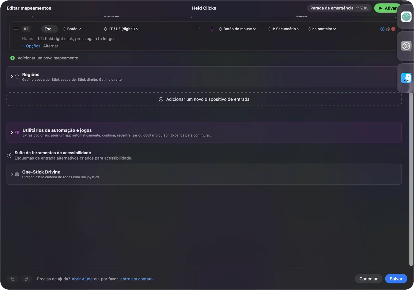 Uma linha do InputConfig no LT / L2 enviando Mouse Button 1: Secondary, com a nota hold right click, press again to let go e as Options definidas como Toggle.