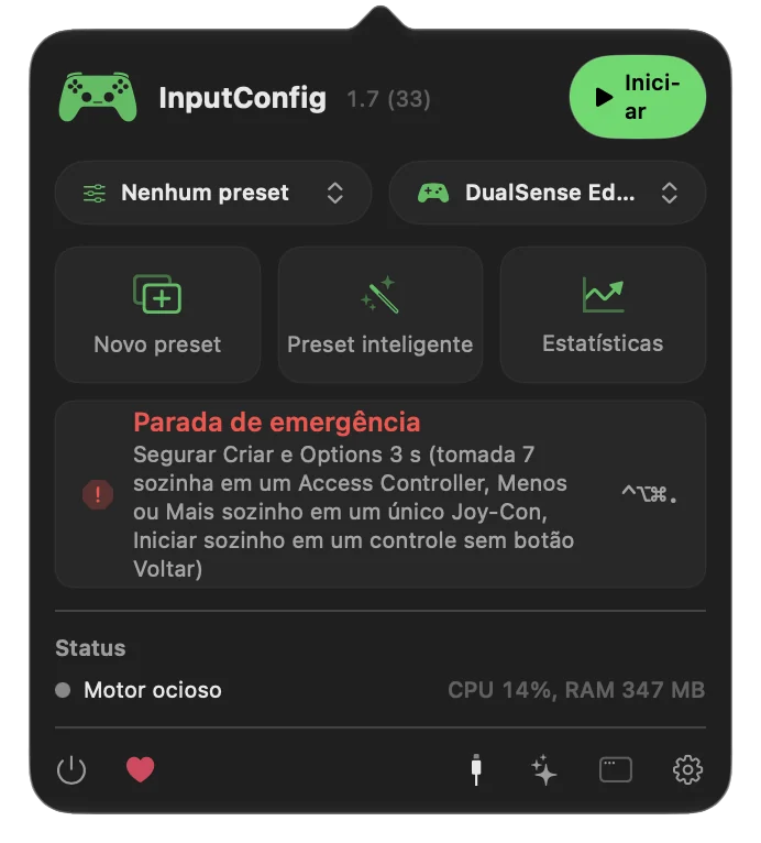 O popover da barra de menus do InputConfig com o botão Emergency Stop, o aperto do controle listado embaixo dele e o atalho de teclado à direita.