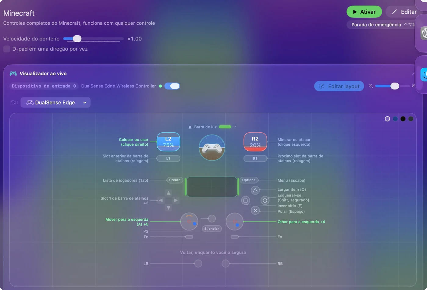 O preset do Minecraft que já vem no Live Visualizer do InputConfig, com Place or use, clique direito, no L2 e Mine or attack, clique esquerdo, no R2.