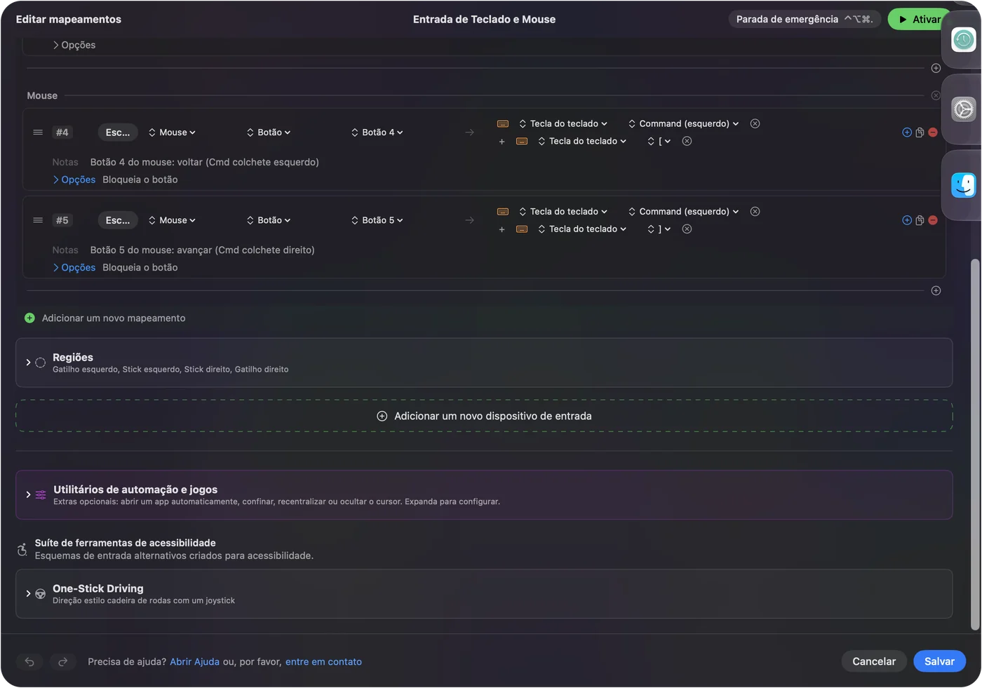 Uma linha no InputConfig para um botão lateral do mouse que envia um atalho de voltar.
