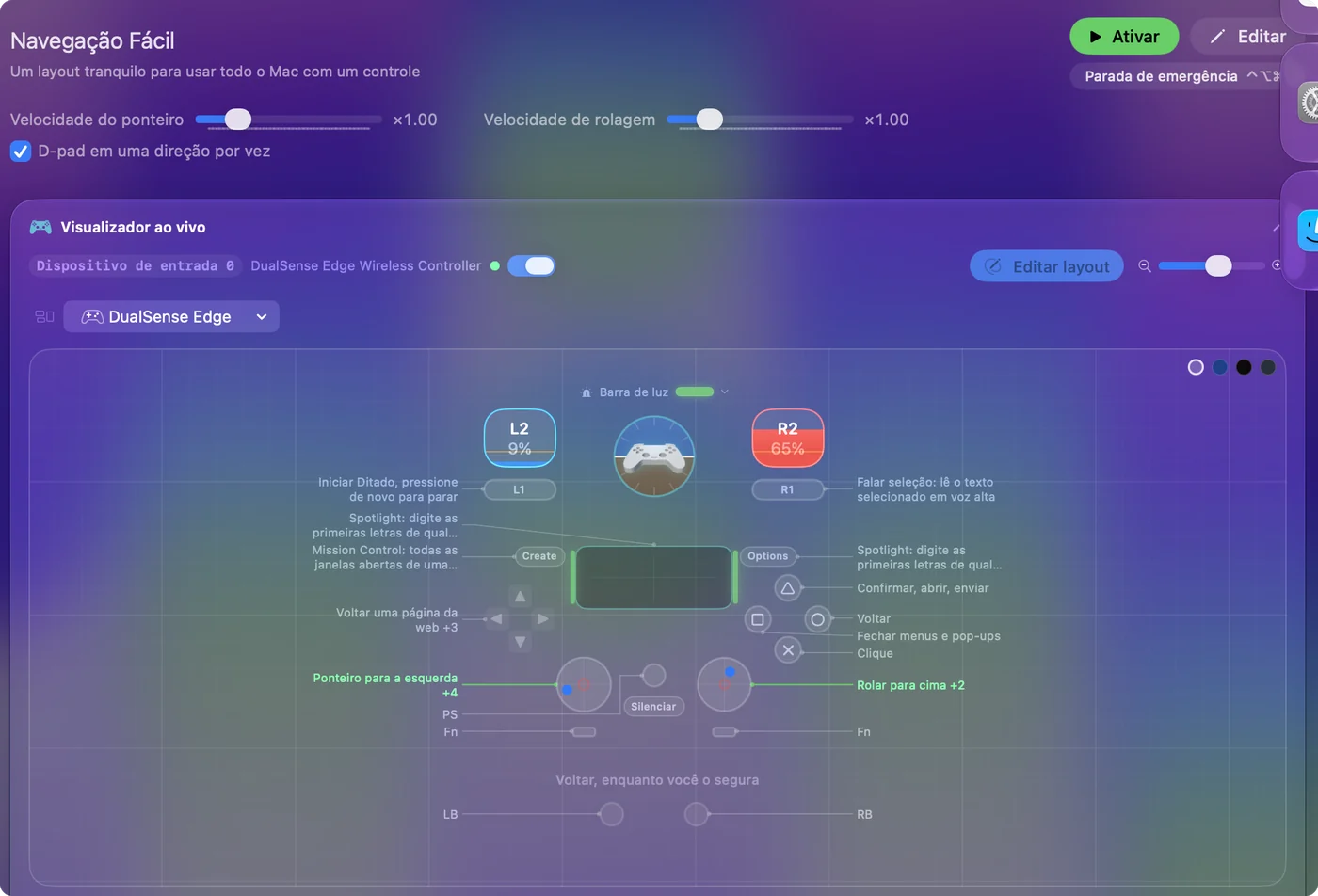 Uma página de preset no InputConfig com os controles deslizantes Pointer speed e Scroll speed acima de um Live Visualizer de um DualSense Edge.