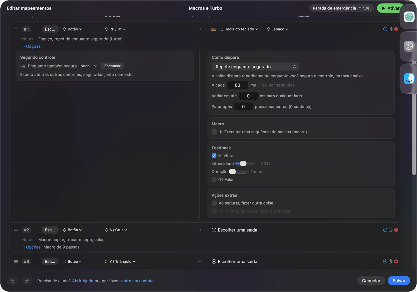 A linha do R1 do preset Macros and Turbo no InputConfig, enviando Espaço com How it fires definido como Repeats while held, Every 83 ms mostrado como 12.0 per second, Vary by up to 0 e Stop after 0, com Vibrate marcado.