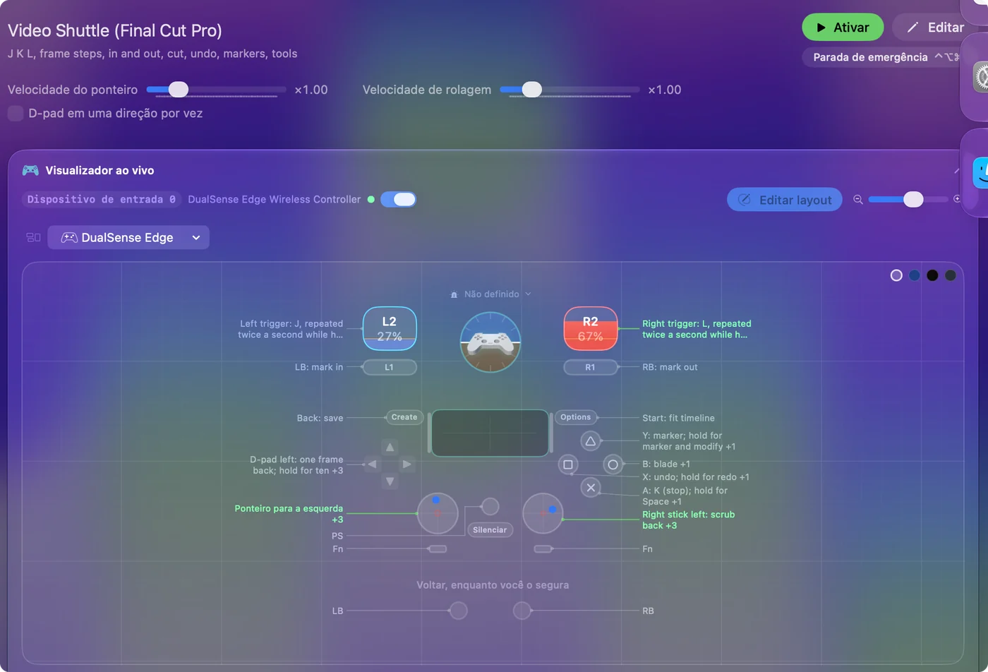 O preset Video Shuttle do Final Cut Pro no Live Visualizer, com J e L nos gatilhos, marcar entrada e saída nos bumpers, cortar, desfazer e marcador nos botões frontais.