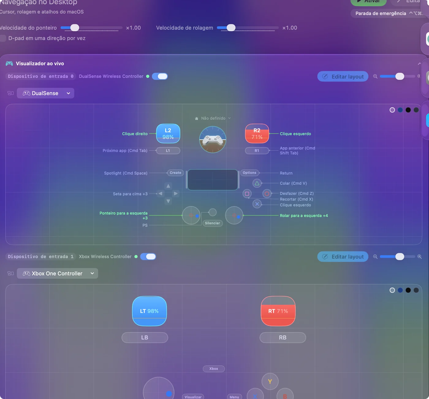 O Live Visualizer do InputConfig com dois painéis, Input Device 0 um DualSense Wireless Controller e Input Device 1 um Xbox Wireless Controller, cada um mostrando as porcentagens dos gatilhos.