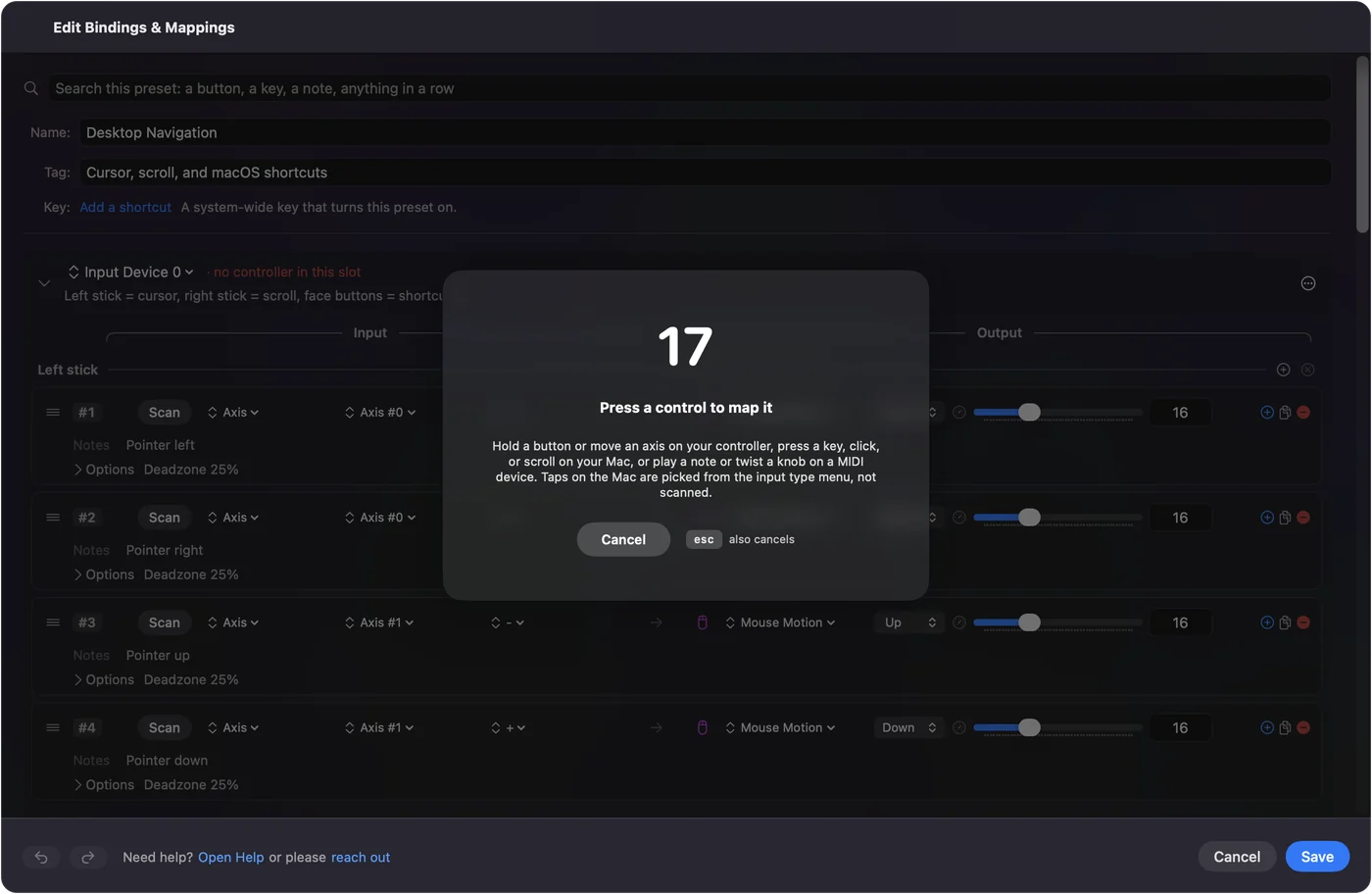 InputConfig's binding editor waiting for a button press after Scan was clicked on a row.