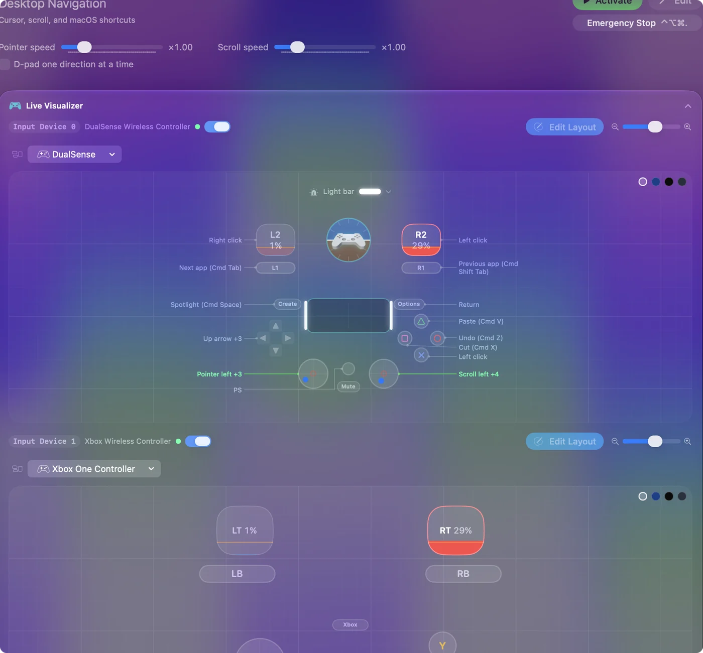 Der Live Visualizer von InputConfig zeigt zwei angeschlossene Controller in getrennten Feldern, jeder als eigenes Modell gezeichnet.