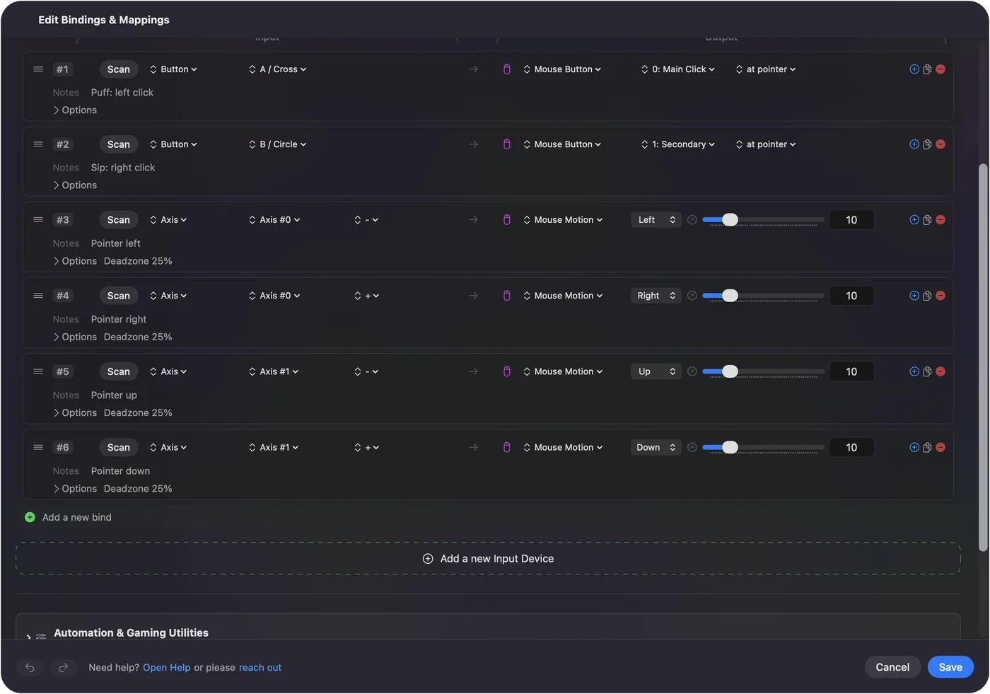 Editor InputConfig s řádky, kde výdech posílá levý klik, nádech posílá pravý klik a joystick pohybuje kurzorem.
