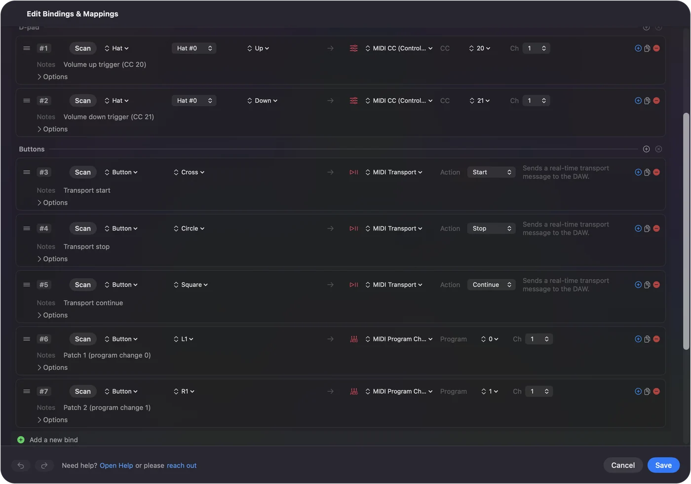 Editor InputConfig s řádky MIDI vestavěné předvolby: páčky a spouště posílají pitch bend a CC, tlačítka posílají noty a transport.