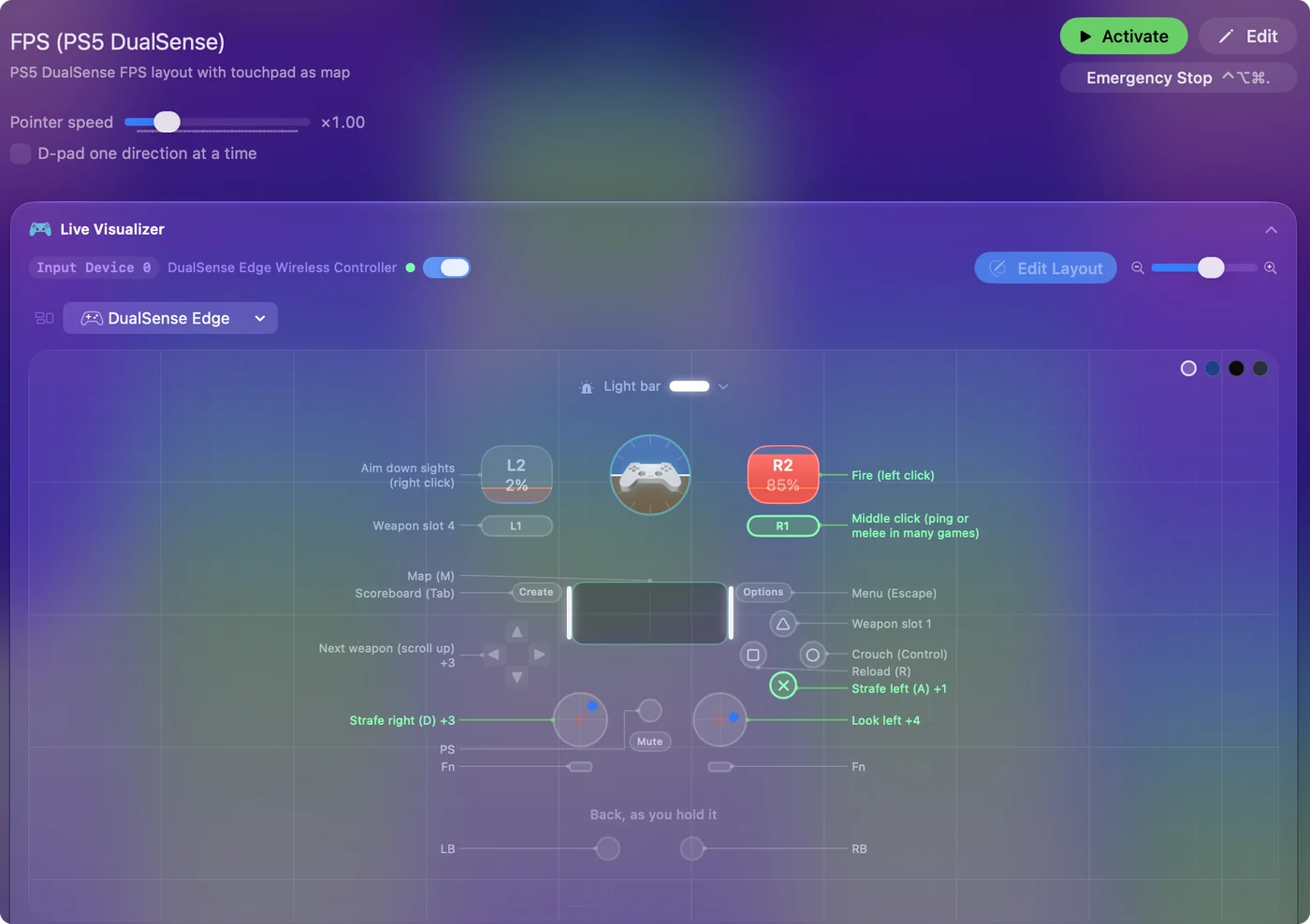 El Live Visualizer de InputConfig mostrando un DualSense Edge con la asignación de cada control enumerada en una leyenda junto al dibujo.