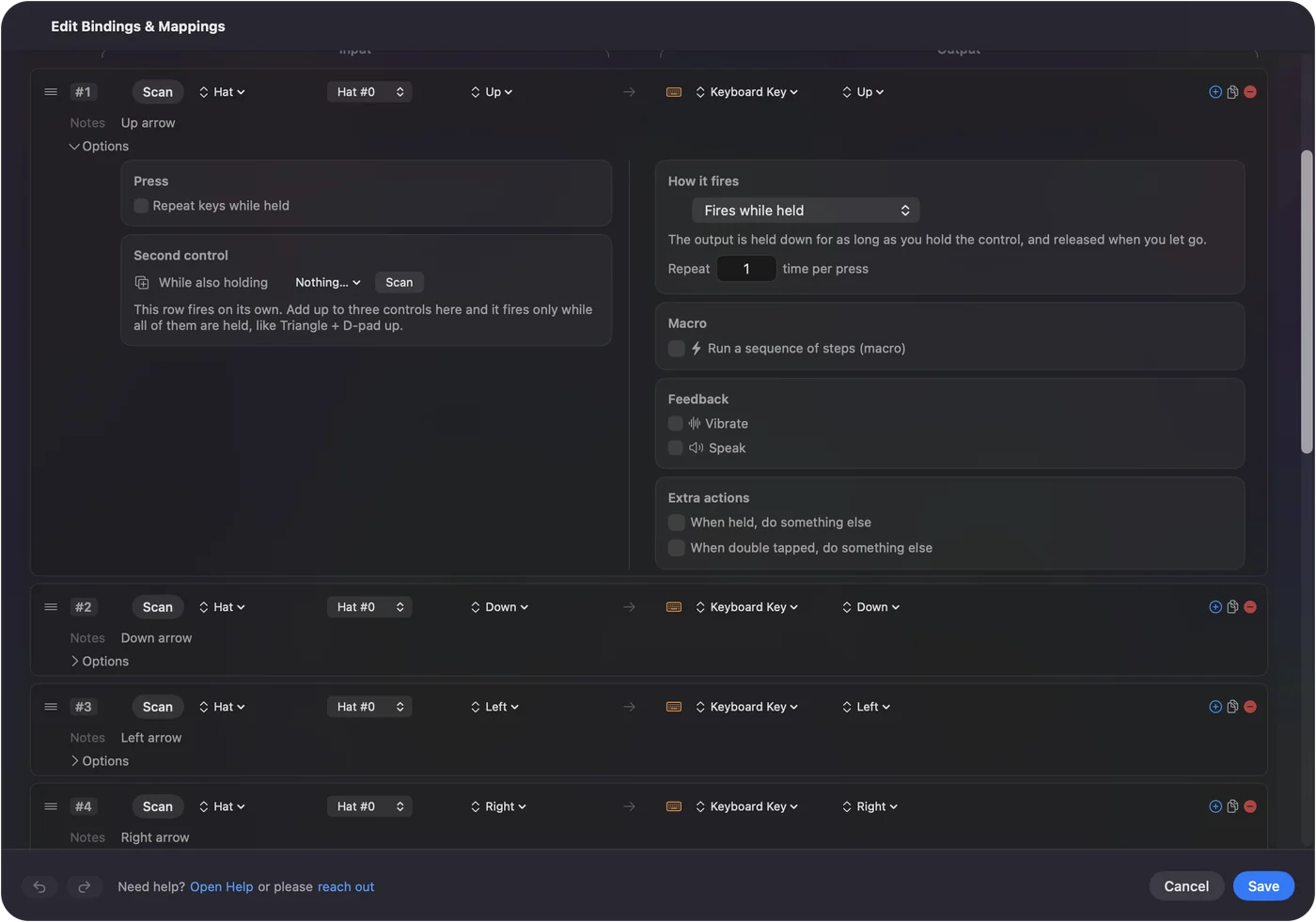 Editor InputConfig s řádky křížového ovladače posílajícími šipky a řádky předních tlačítek posílajícími X, Z, S a A.