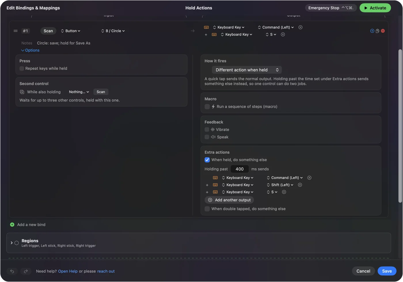 A row in InputConfig with Options open, showing How it fires set to a different action when held.