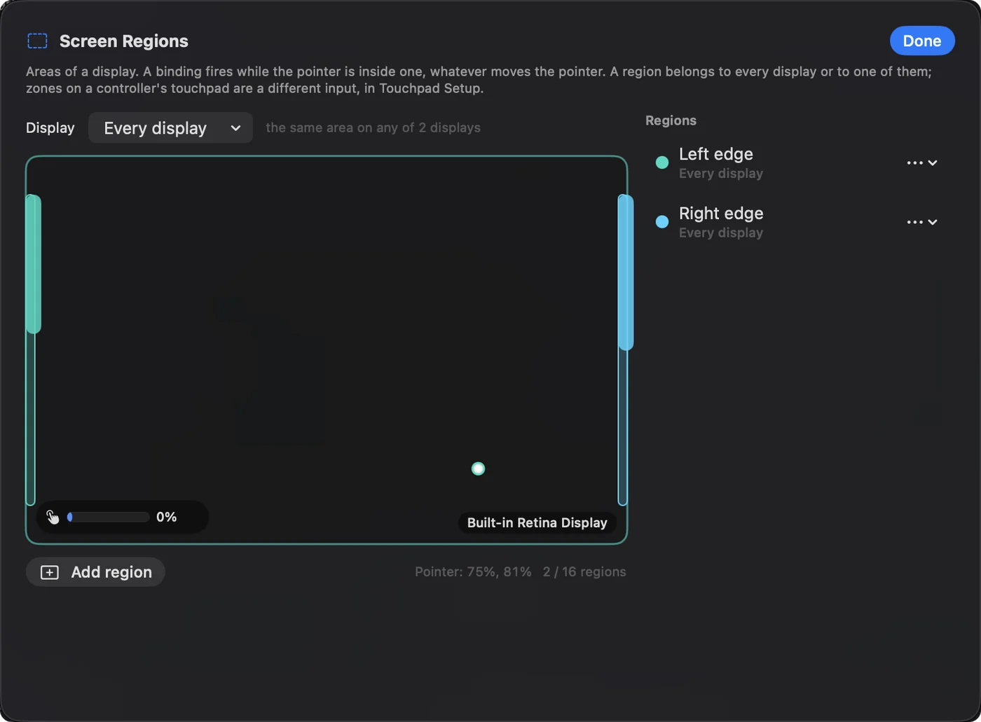Il foglio Screen Regions con due strisce disegnate lungo i bordi sinistro e destro del display, impostato su Every display.