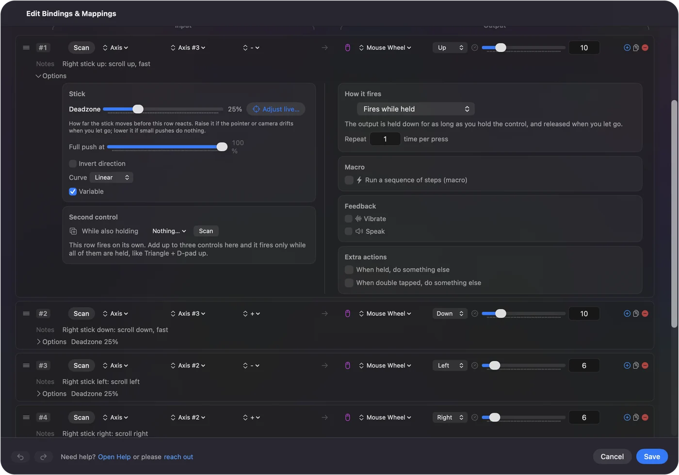 A row in InputConfig's editor with its Options open: right stick rows sending Mouse Wheel up, down, left and right with a speed slider on each.