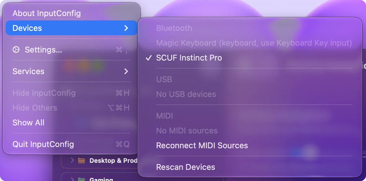 Nabídka Devices v InputConfig s nadpisy Bluetooth, USB a MIDI, USB gamepad se zaškrtnutím a klávesnice v šedé barvě vedle svého druhu.