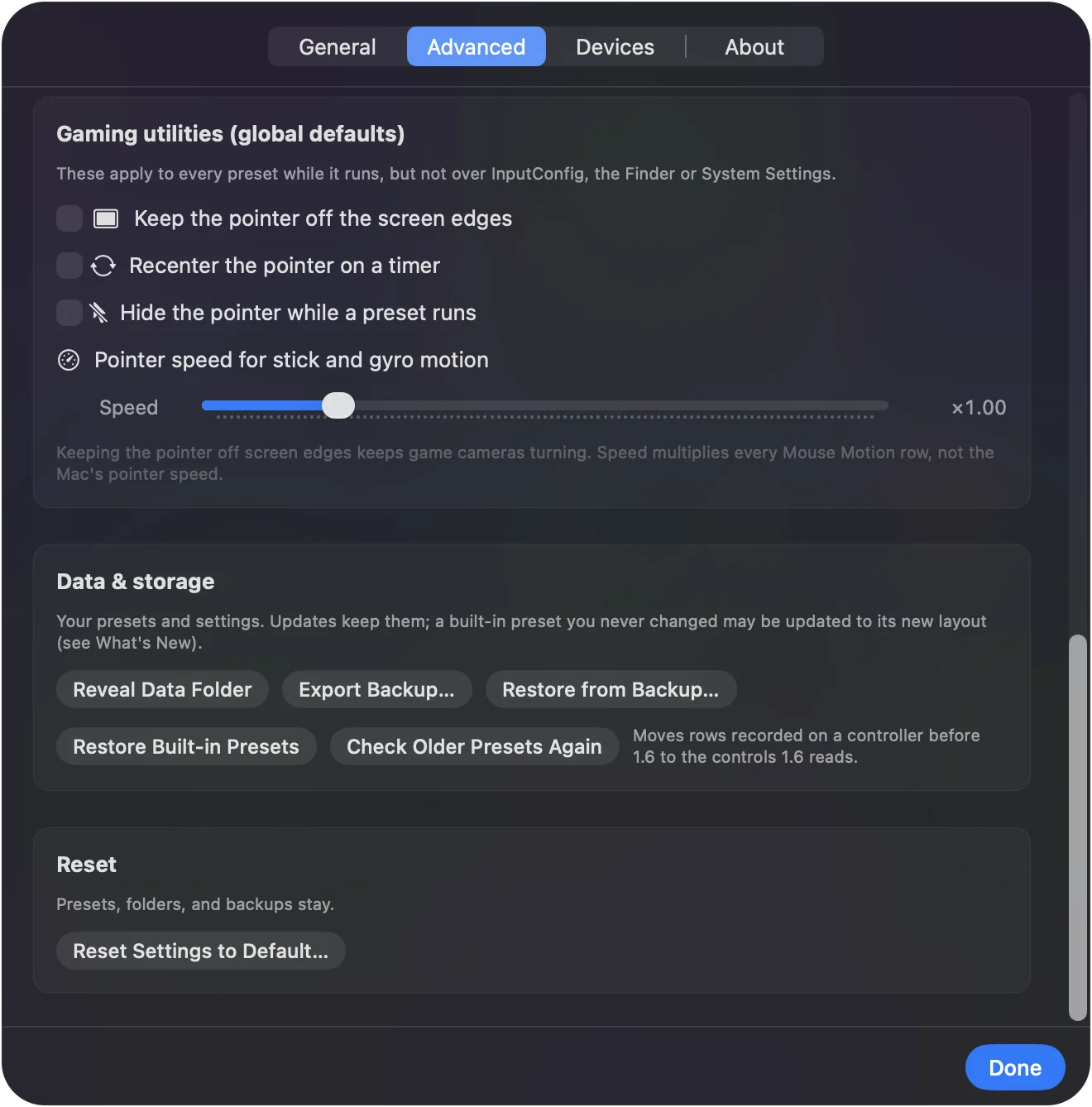 The Data and storage section of InputConfig's Settings, Advanced tab, with Reveal Data Folder, Export Backup and Restore from Backup.