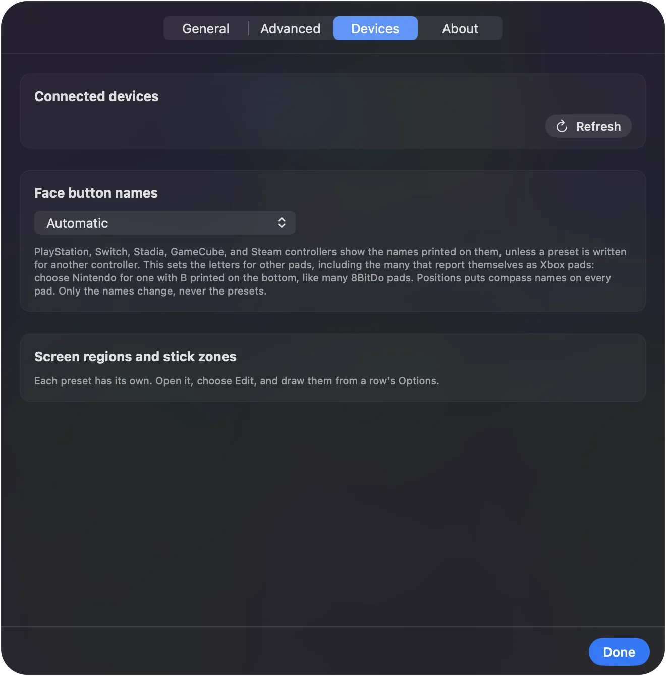 Settings, Devices ของ InputConfig ที่มีจอยสติ๊ก USB อยู่ในรายการอุปกรณ์ที่เชื่อมต่อ พร้อมป้ายว่า detected over raw HID