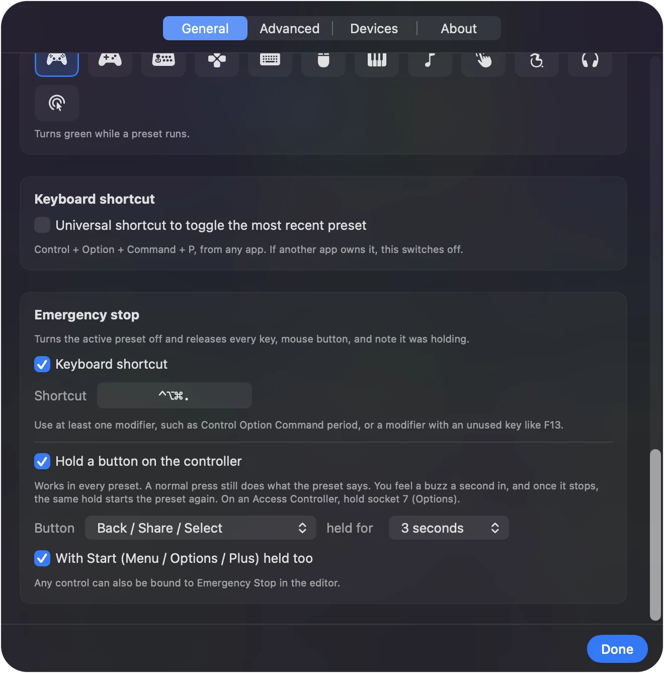 InputConfig Settings, General, with the emergency stop shortcut, the controller button, its hold time and the With Start held too option.