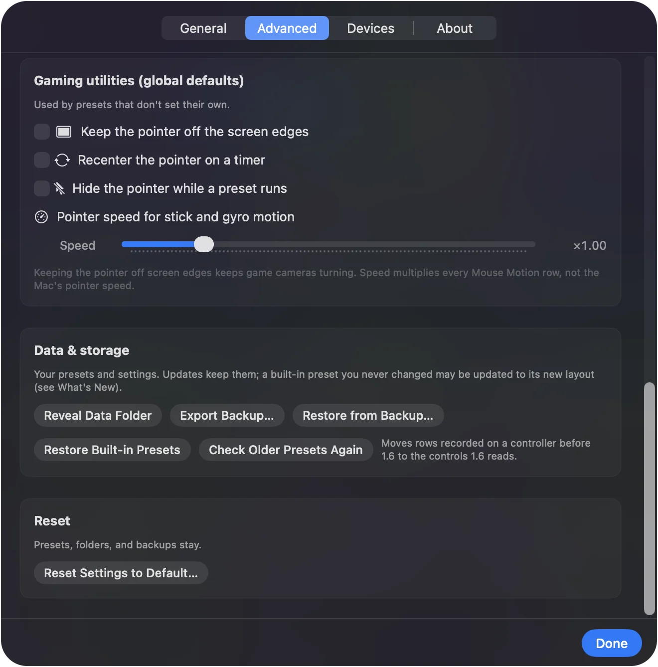 InputConfig Settings, Advanced, Gaming utilities section, with the Pointer speed for stick and gyro motion slider at times 1.00.