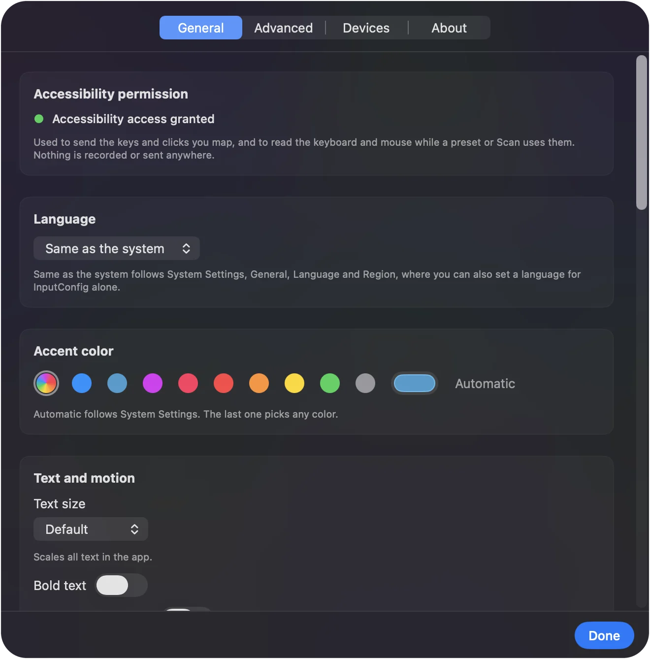InputConfig's Settings on the General tab: permissions, the spoken feedback voice, startup, and the Dock and menu bar options.