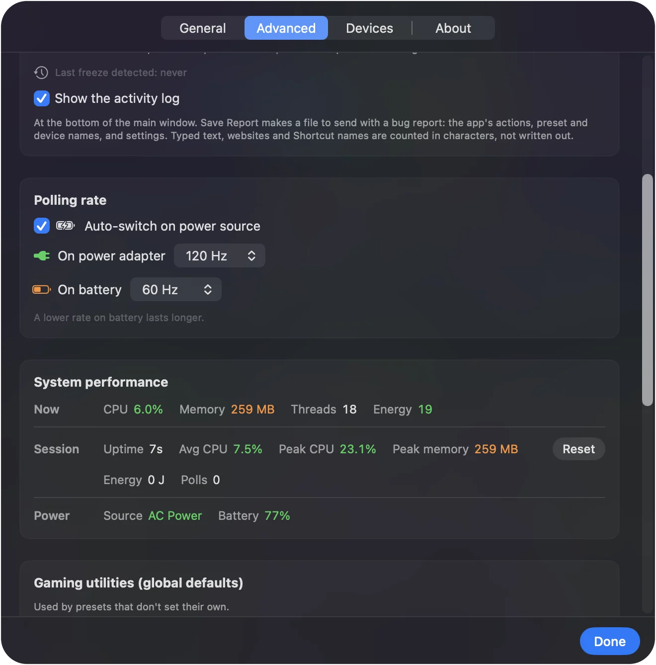 The Polling rate section of InputConfig's Settings, Advanced tab, with Auto-switch on power source turned on, 120 Hz on power adapter and 60 Hz on battery.