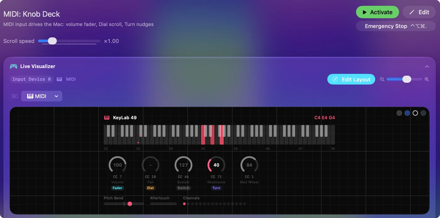 Zobrazení MIDI v Live Visualizeru, které ukazuje změnu řízení pedálu v protokolu událostí.